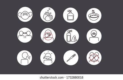 Group of icons related to coronavrius prevention and social distancing.Icons inside white circle on isolated black background, Vector