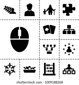 Group icons. set of 13 editable filled group icons such as structure, group, puzzle, abacus, old woman and child, family structure, mouse, user surrounded by stars