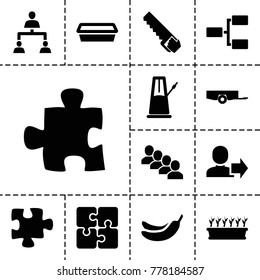 Group icons. set of 13 editable filled group icons such as barrow, banana, puzzle, pot for plants, plant in pot, structure, pendulum, group, saw
