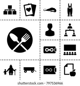 Group icons. set of 13 editable filled group icons such as barrow, alligator, playing card, old woman and child, user, gardener jumpsuit, paper and apple, endless battery