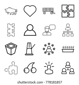 Group icons. set of 16 editable outline group icons such as hearts, cherry, puzzle, user, pot for plants, plant in pot, structure, user bulb, user surrounded by stars