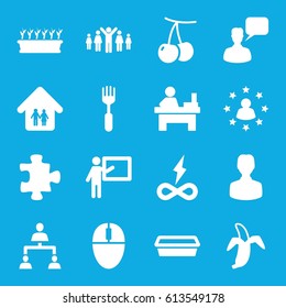 Group icons set. set of 16 group filled icons such as cherry, puzzle, chatting man, table, fork, pot for plants, plant in pot, banana, structure, family home