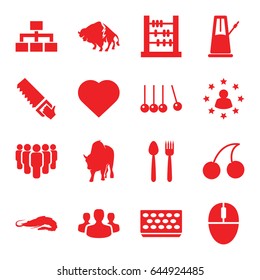 Group icons set. set of 16 group filled icons such as alligator, buffalo, hearts, cherry, saw, pot for plants, structure, mouse, pendulum, user surrounded by stars, cradle