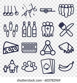 Group icons set. set of 16 group outline icons such as buffalo, connection, barrow, pllaying card, Banana, fork and knife, pot for plants, wine glass, confetti, cheese, cradle