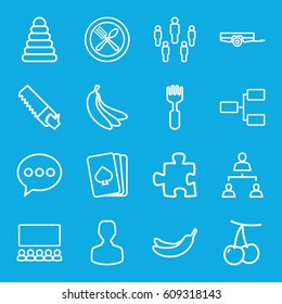 Group icons set. set of 16 group outline icons such as cherry, barrow, pyramid, pllaying card, Banana, saw, fork, spoon and fork, structure, banana, chat, puzzle, user, group