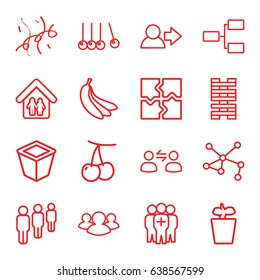 Group icons set. set of 16 group outline icons such as cherry, puzzle, pot for plants, plant in pot, connection, structure, confetti, family home, banana, user communicatrion