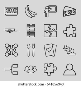 Group icons set. set of 16 group outline icons such as barrow, group, puzzle, pot for plants, structure, cheese, banana, teacher, roundelay, plate fork and knife, playing card