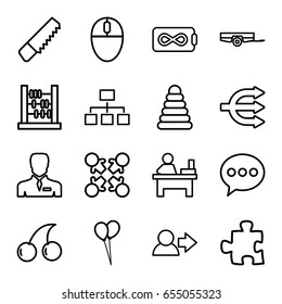 Group icons set. set of 16 group outline icons such as barrow, pyramid, cherry, balloon, table, saw, structure, businessman, user, chat, abacus, puzzle, endless battery