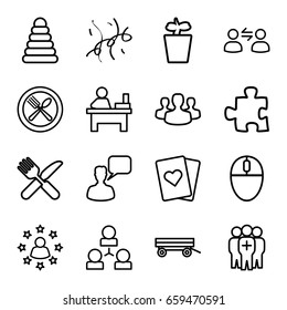 Group icons set. set of 16 group outline icons such as barrow, pyramid, chatting man, table, fork and knife, plant in pot, spoon and fork, confetti, user communicatrion