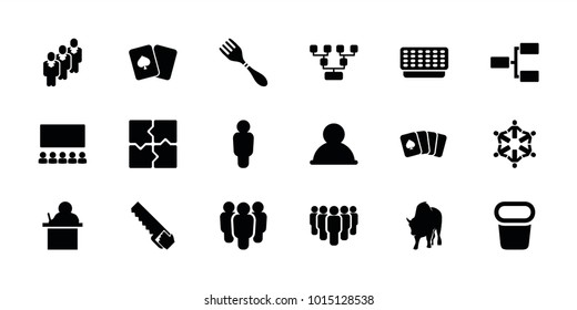 Group icons. set of 18 editable filled group icons: buffalo, puzzle, teacher, user, family structure, group, classroom, structure, pllaying card, saw, playing card, roundelay