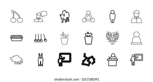 Group icons. set of 18 editable outline group icons: buffalo, teacher, cradle, user, pot for plants, plant in pot, gardener jumpsuit, connection, cherry, chatting man