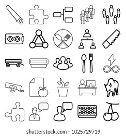 Group icons. set of 25 editable outline group icons such as connection, cherry, barrow, buffalo, chatting man, saw, plate fork and knife, pot for plants, endless battery