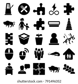 Group icons. set of 25 editable filled group icons such as alligator, buffalo, puzzle, domino, pot for plants, plant in pot, spoon and fork, mouse, confetti, family home