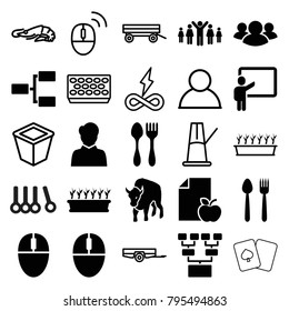 Group icons. set of 25 editable filled and outline group icons such as plate fork and knife, plant in pot, mouse, structure, barrow, alligator, user, pot for plants