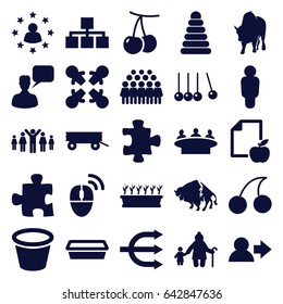 Group icons set. set of 25 group filled icons such as cherry, barrow, buffalo, pyramid, puzzle, cherry, chatting man, pot for plants, plant in pot, paper and apple
