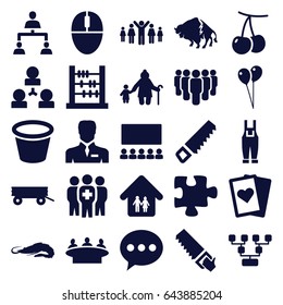Group icons set. set of 25 group filled icons such as cherry, barrow, alligator, buffalo, balloon, puzzle, saw, pot for plants, gardener jumpsuit, businessman, structure