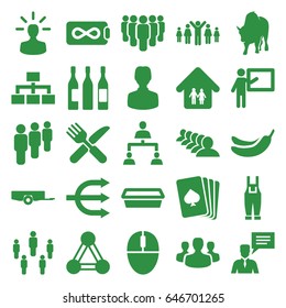 Group icons set. set of 25 group filled icons such as connection, barrow, buffalo, pllaying card, banana, fork and knife, pot for plants, gardener jumpsuit, structure