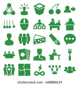 Group icons set. set of 25 group filled icons such as connection, pllaying card, cherry, structure, puzzle, table, saw, fork, pot for plants, businessman