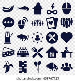 Group icons set. set of 25 group filled icons such as alligator, buffalo, hearts, banana, balloon, fork and knife, spoon and fork, banana, man working at the table, mouse