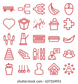 Group icons set. set of 25 group outline icons such as barrow, pyramid, puzzle, hearts, banana, structure, pot for plants, plant in pot, man with chat bubblle, confetti