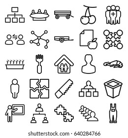 Group icons set. set of 25 group outline icons such as alligator, cherry, barrow, structure, puzzle, saw, fork, pot for plants, plant in pot, gardener jumpsuit