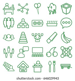 Group icons set. set of 25 group outline icons such as buffalo, barrow, pyramid, cherry, balloon, chatting man, structure, group, table, saw, pot for plants, plant in pot
