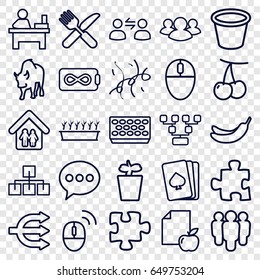 Group icons set. set of 25 group outline icons such as buffalo, cherry, pllaying card, banana, table, puzzle, fork and knife, pot for plants, plant in pot, paper and apple