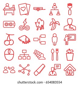 Group icons set. set of 25 group outline icons such as buffalo, cherry, barrow, group, table, saw, fork, plant in pot, banana, structure, connection, businessman
