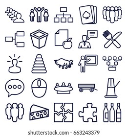 Group icons set. set of 25 group outline icons such as buffalo, barrow, pyramid, pllaying card, puzzle, fork and knife, pot for plants, paper and apple, structure