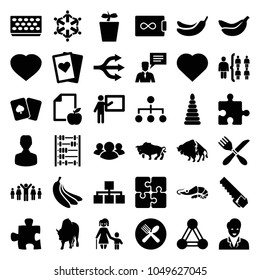Group icons. set of 36 editable filled group icons such as connection, buffalo, hearts, banana, teacher, playing card, user, pot for plants, plant in pot, paper and apple