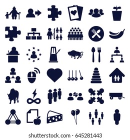 Group icons set. set of 36 group filled icons such as connection, barrow, buffalo, pyramid, puzzle, hearts, banana, balloon, structure, group, plant in pot, paper and apple