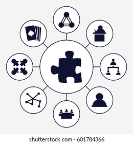 group icons set. Set of 9 group filled icons such as connection, pllaying card, group, structure, puzzle, user, teacher