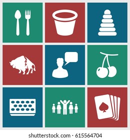 Group icons set. set of 9 group filled icons such as cherry, buffalo, pyramid, pllaying card, chatting man, pot for plants, group of people and man celebrating victory