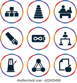 Group icons set. set of 9 group filled icons such as connection, pyramid, table, saw, paper and apple, structure, pendulum