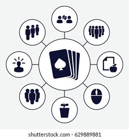 Group icons set. set of 9 group filled icons such as pllaying card, plant in pot, paper and apple, user bulb, user communicatrion, group
