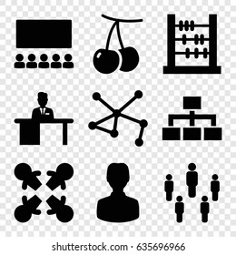 Group icons set. set of 9 group filled icons such as cherry, structure, connection, man working at the table, group, classroom, abacus, user