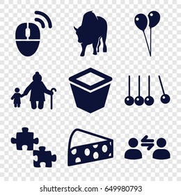 Group icons set. set of 9 group filled icons such as buffalo, balloon, pot for plants, cheese, user communicatrion, computer mouse, puzzle, cradle