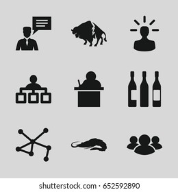 Group icons set. set of 9 group filled icons such as alligator, buffalo, structure, connection, man with chat bubblle, group, wine glass, user bulb