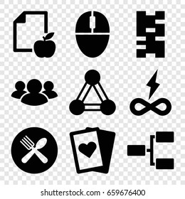 Group icons set. set of 9 group filled icons such as connection, paper and apple, spoon and fork, group, mouse, structure, endless battery, playing card