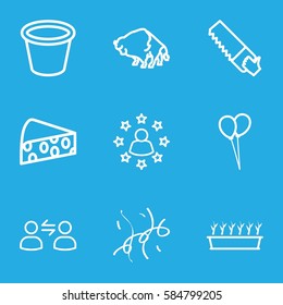 group icons set. Set of 9 group outline icons such as buffalo, balloon, saw, pot for plants, plant in pot, confetti, cheese, user communicatrion