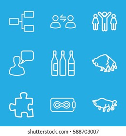 group icons set. Set of 9 group outline icons such as buffalo, chatting man, structure, wine glass, user communicatrion, group of people and man celebrating victory, puzzle