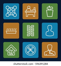 group icons set. Set of 9 group outline icons such as table, plant in pot, spoon and fork, businessman, family home, user, roundelay