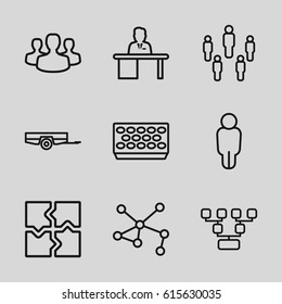 Group icons set. set of 9 group outline icons such as barrow, puzzle, pot for plants, connection, man working at the table, user