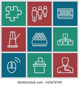 Group icons set. set of 9 group outline icons such as puzzle, group, pot for plants, businessman, computer mouse, pendulum, teacher