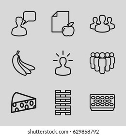 Group icons set. set of 9 group outline icons such as chatting man, pot for plants, paper and apple, cheese, user bulb, banana