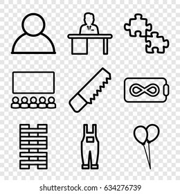 Group icons set. set of 9 group outline icons such as balloon, saw, gardener jumpsuit, man working at the table, endless battery, user, puzzle, domino