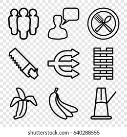 Group icons set. set of 9 group outline icons such as chatting man, saw, spoon and fork, banana, pendulum, group, domino