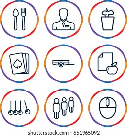 Group icons set. set of 9 group outline icons such as barrow, pllaying card, plant in pot, paper and apple, businessman, mouse, cradle, plate fork and knife