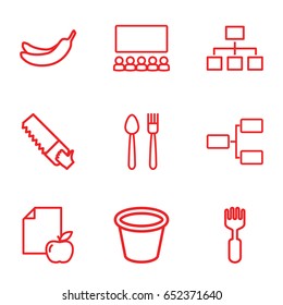 Group icons set. set of 9 group outline icons such as banana, saw, fork, pot for plants, paper and apple, structure, plate fork and knife