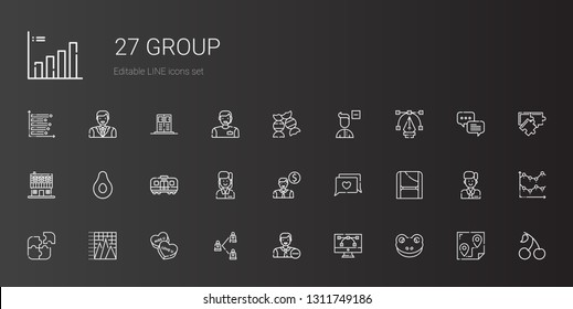 group icons set. Collection of group with frog, vector, employee, network, candy, pyramid chart, puzzle, toga, chat, train, banana, farm house. Editable and scalable group icons.